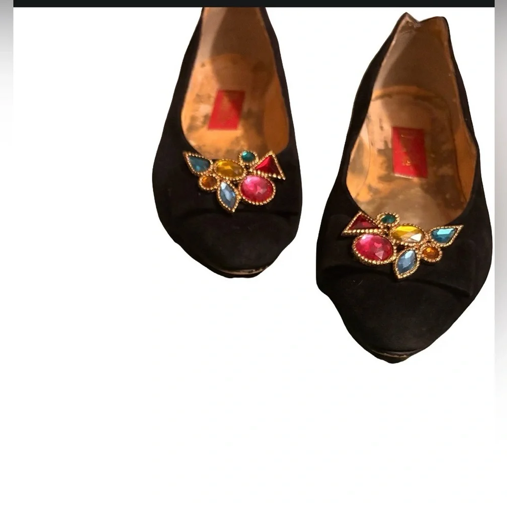 Vintage 1980s Danelle Jeweled suede Ballet‎ Flats – Black Statement Shoes- 7.5